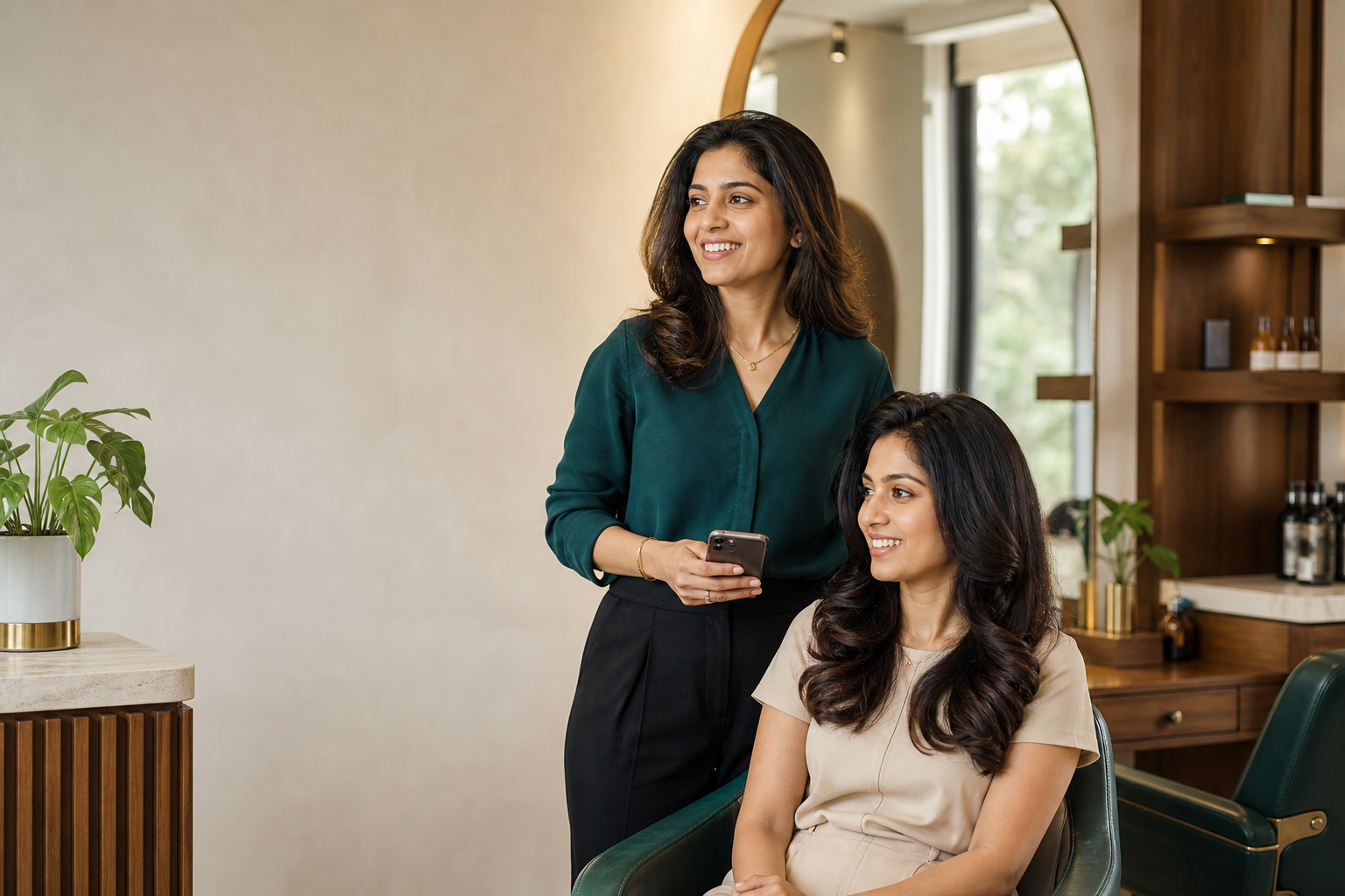 A salon owner with a happy client in a warm, modern salon